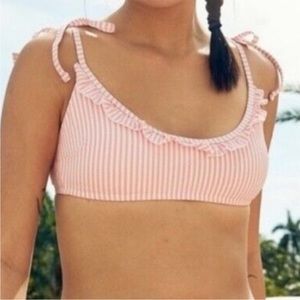 Aerie Seersucker Candy Stripe Ruffle Bikini Top Pink White Size Large L NWT